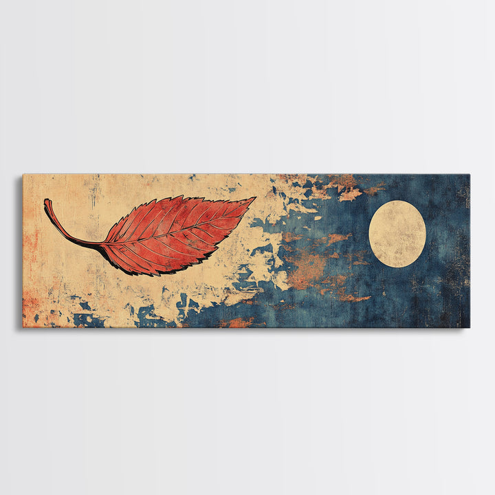 Red Autumn Leaf Wall Art, Japanese Minimalist Print, Navy Blue Canvas, Nature Inspired Decor, Modern Asian Home Decor Gift