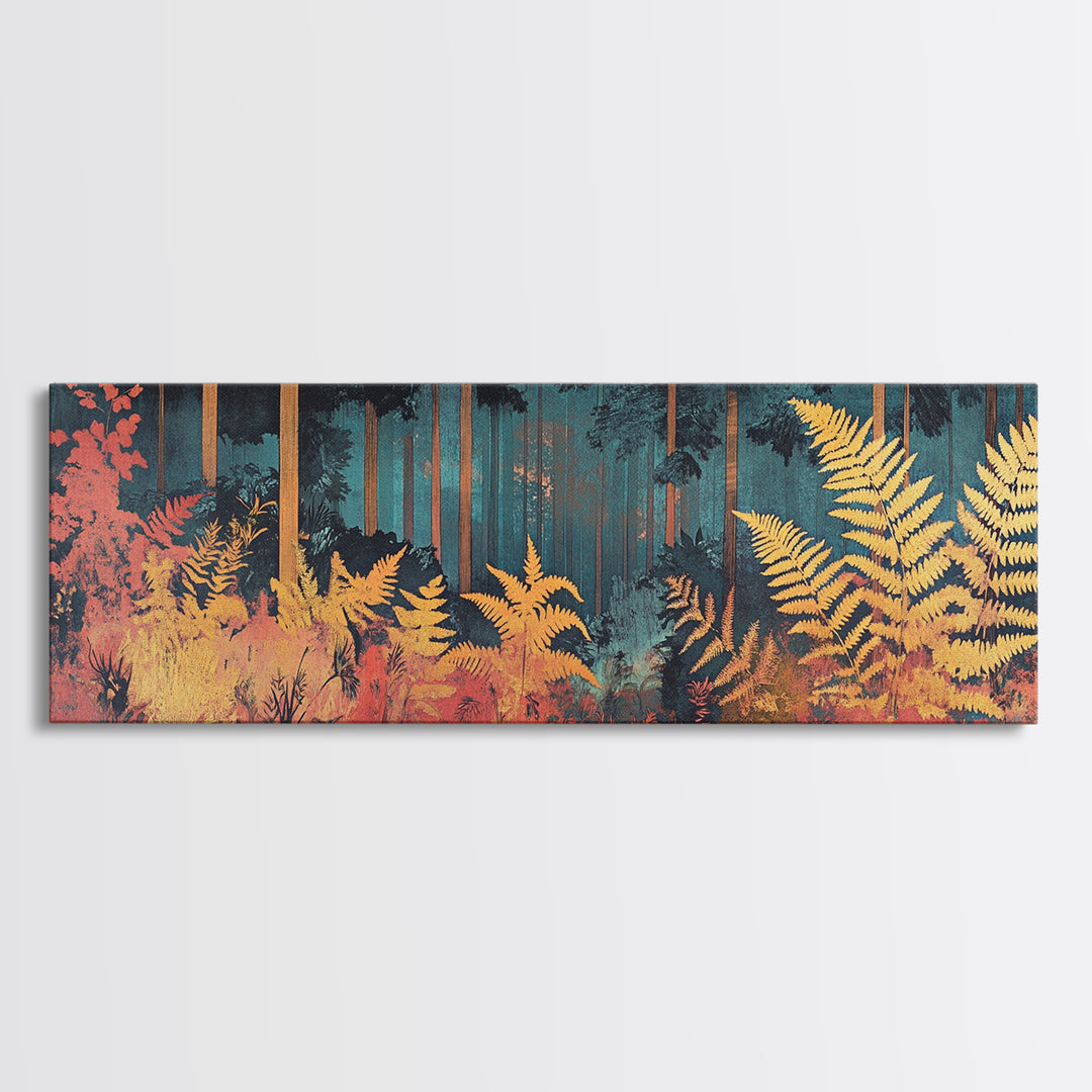 Golden Fern Forest Framed Canvas Print, Japanese Botanical Wall Art, Moody Nature Decor, Panoramic Living Room Artwork Gift