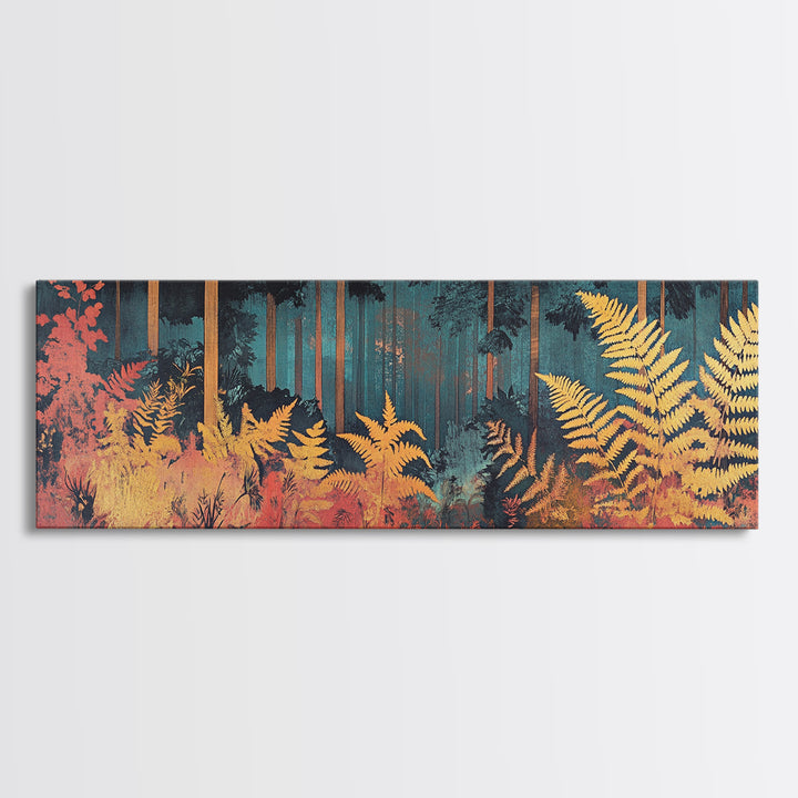 Golden Fern Forest Framed Canvas Print, Japanese Botanical Wall Art, Moody Nature Decor, Panoramic Living Room Artwork Gift
