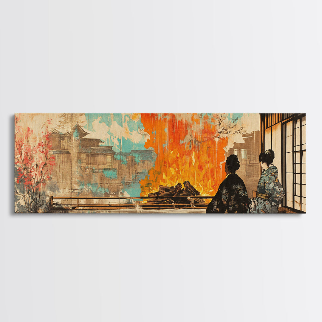 Japanese Tea House Fire Garden Wall Art, Cherry Blossom Pagoda Canvas, Japandi Decor, Asian Landscape, Living Room Art Print