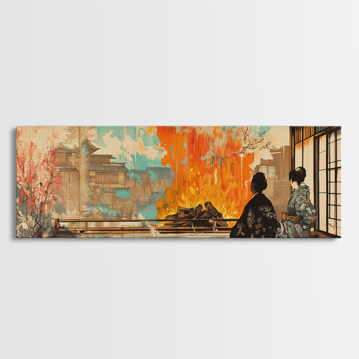 Japanese Tea House Fire Garden Wall Art, Cherry Blossom Pagoda Canvas, Japandi Decor, Asian Landscape, Living Room Art Print