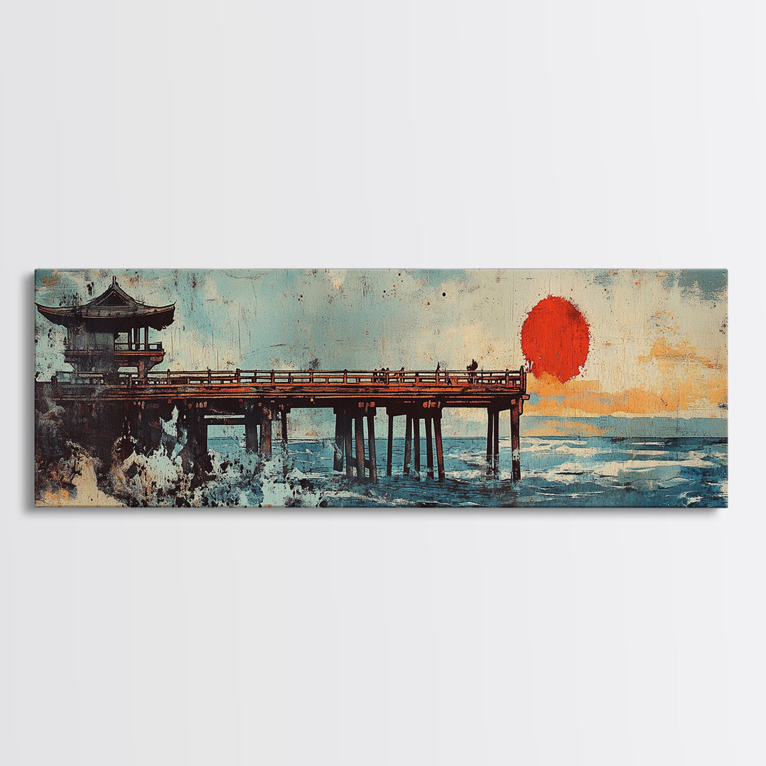 Japanese Pier Red Sun Wall Art, Ocean Waves Canvas Print, Asian Coastal Decor, Pagoda Seascape, Living Room Wall Art Print