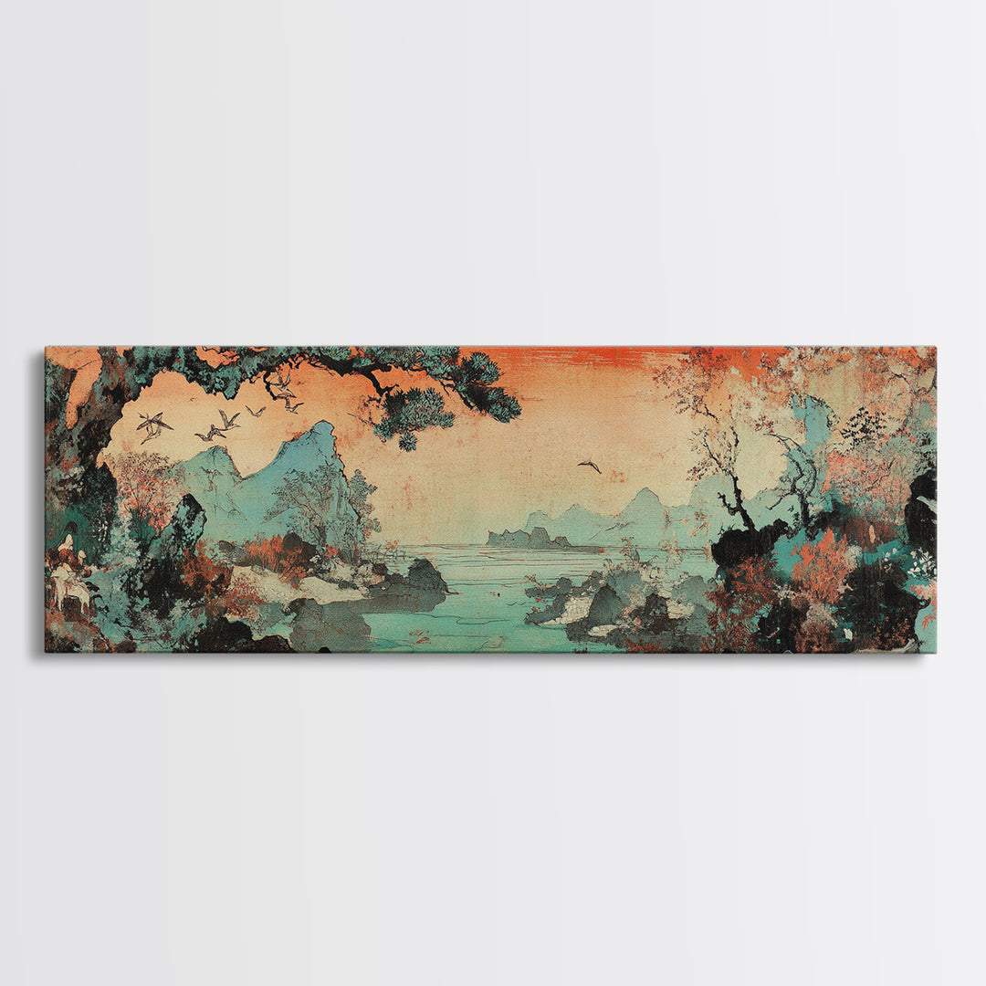Misty Asian Lake Mountains Wall Art, Red Sunset Landscape Canvas Print, Japandi Decor, Nature Wall Art, Above Bed Decor Print