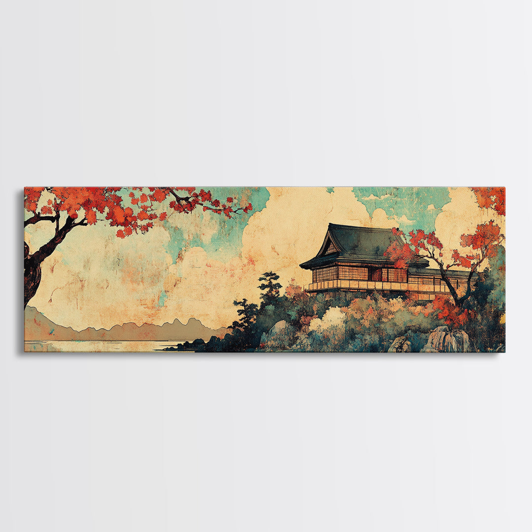 Japanese Temple Red Maple Wall Art, Mount Fuji Lake Canvas Print, Japandi Decor, Asian Landscape, Living Room Wall Art Print