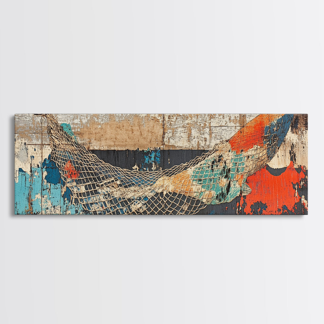 Weathered Fishing Net Wall Art, Coastal Canvas Print, Nautical Decor, Beach House Art, Rustic Seascape, Ocean Wall Decor