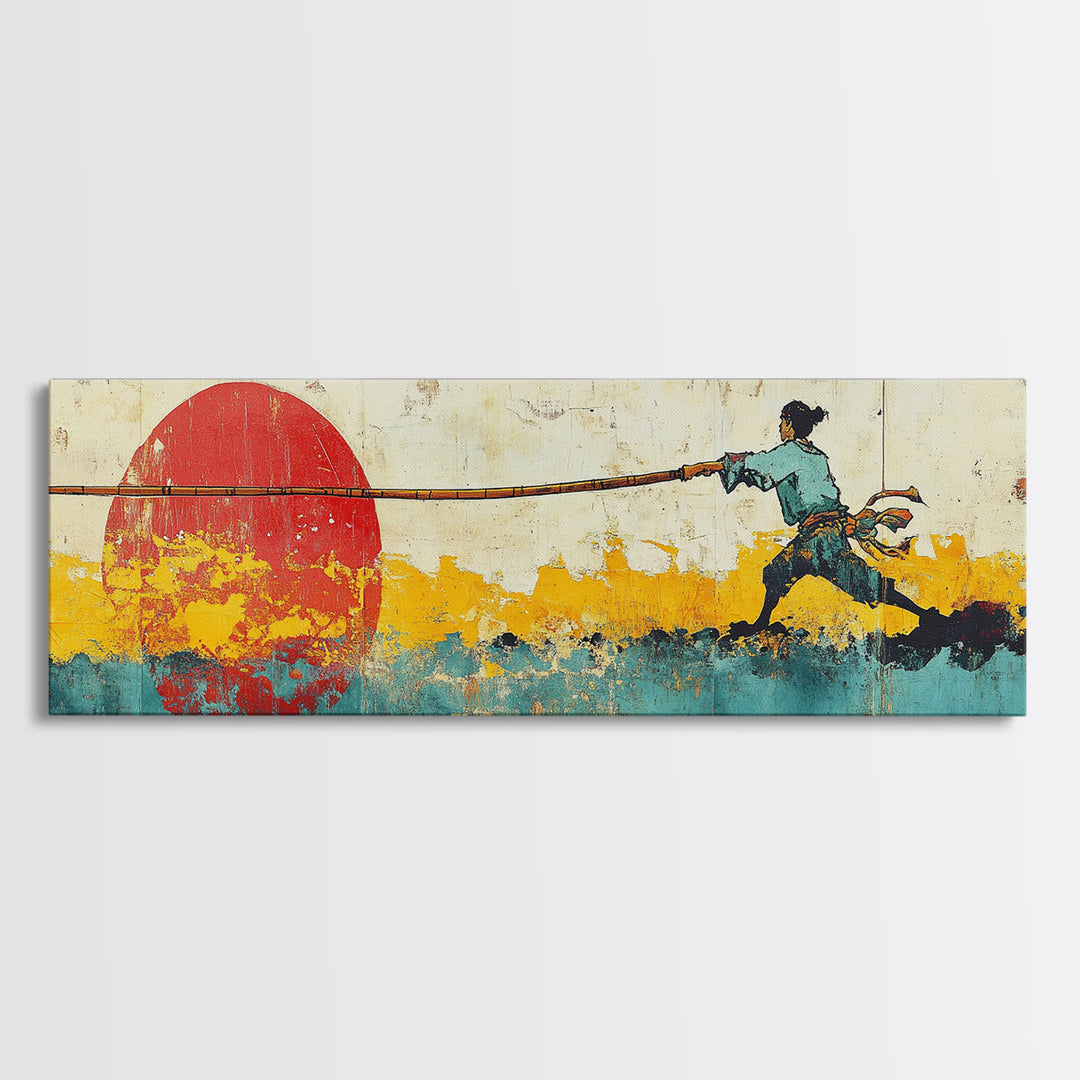 Fisherman Pulling Rope Wall Art, Red Sun Canvas Print, Coastal Landscape, Japanese Inspired Decor, Long Horizontal Art Print