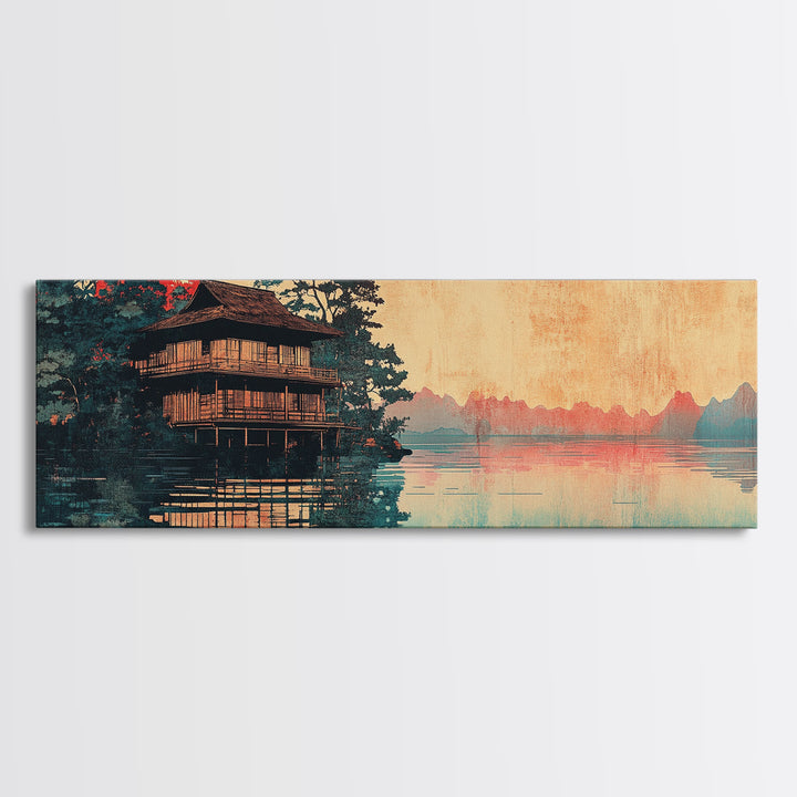 Japanese Pagoda On Misty Lake Wall Art, Panoramic Landscape Print, Asian Inspired Decor, Zen Living Room Wall Decor, Home Decor