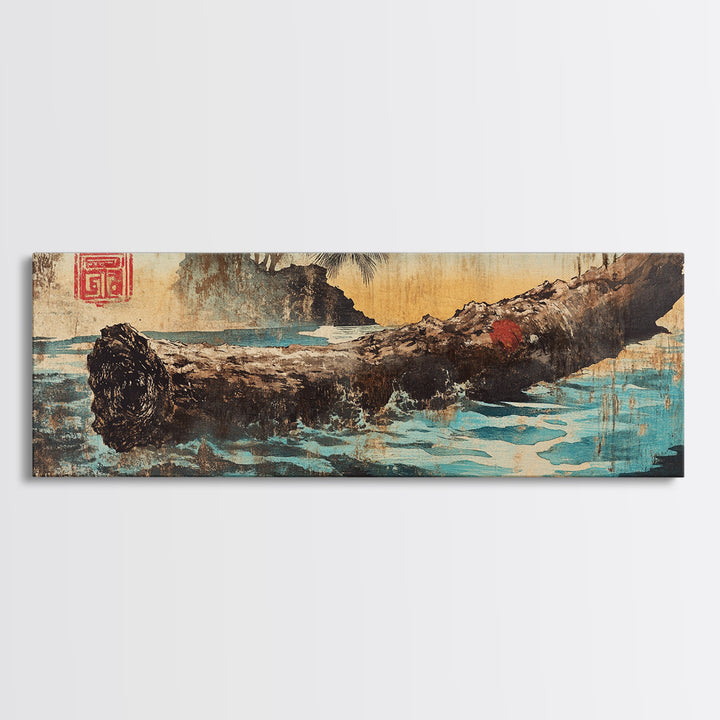 Weathered Driftwood Log On Blue Water Canvas Print, Japanese Nature Art, Rustic Coastal Decor, Zen Landscape Wall Art, Home Decor