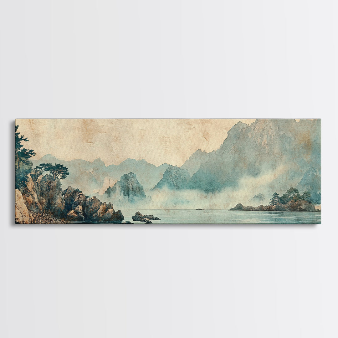 Misty Blue Mountain Lake Wall Art, Japanese Landscape Print, Zen Nature Decor, Panoramic Living Room Wall Decor, Calming Home Decor