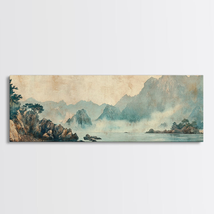Misty Blue Mountain Lake Wall Art, Japanese Landscape Print, Zen Nature Decor, Panoramic Living Room Wall Decor, Calming Home Decor