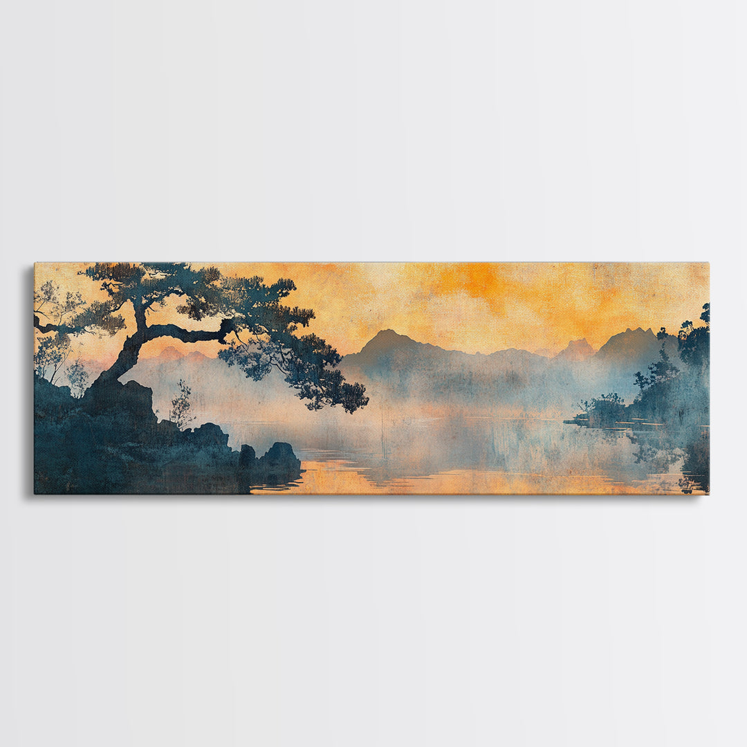 Orange Sunset Pine Lake Canvas Print, Japanese Landscape Wall Art, Moody Nature Decor, Zen Living Room Wall Decor, Warm Home Decor