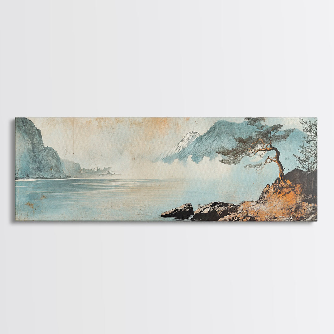 Lone Pine On Quiet Blue Shore Wall Art, Minimalist Japanese Landscape Print, Coastal Zen Decor, Calming Home Decor, Living Room Art
