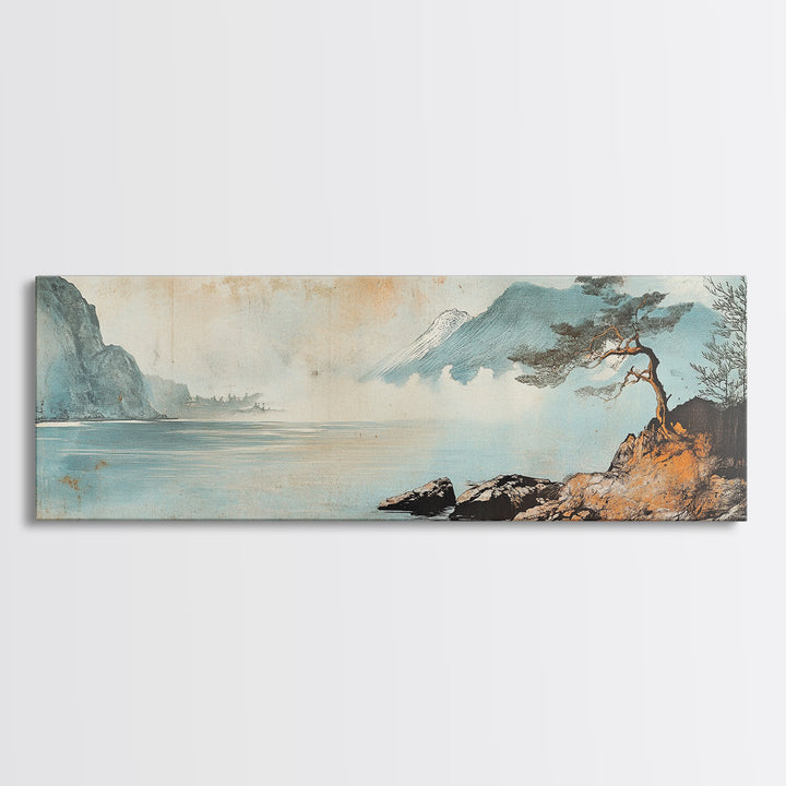Lone Pine On Quiet Blue Shore Wall Art, Minimalist Japanese Landscape Print, Coastal Zen Decor, Calming Home Decor, Living Room Art