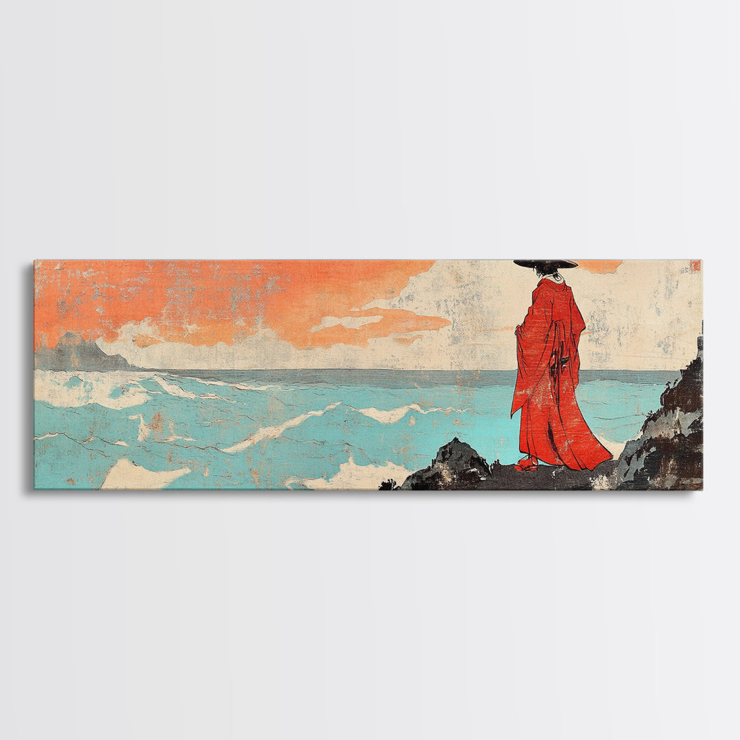 Red Robed Figure By Turquoise Sea Wall Art, Japanese Seascape Print, Coastal Asian Decor, Dramatic Wall Decor, Unique Home Decor