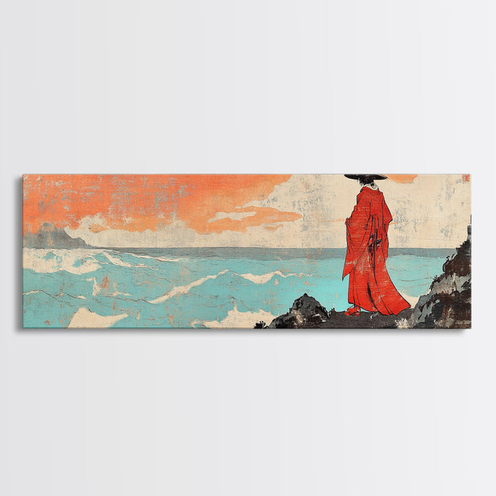 Red Robed Figure By Turquoise Sea Wall Art, Japanese Seascape Print, Coastal Asian Decor, Dramatic Wall Decor, Unique Home Decor