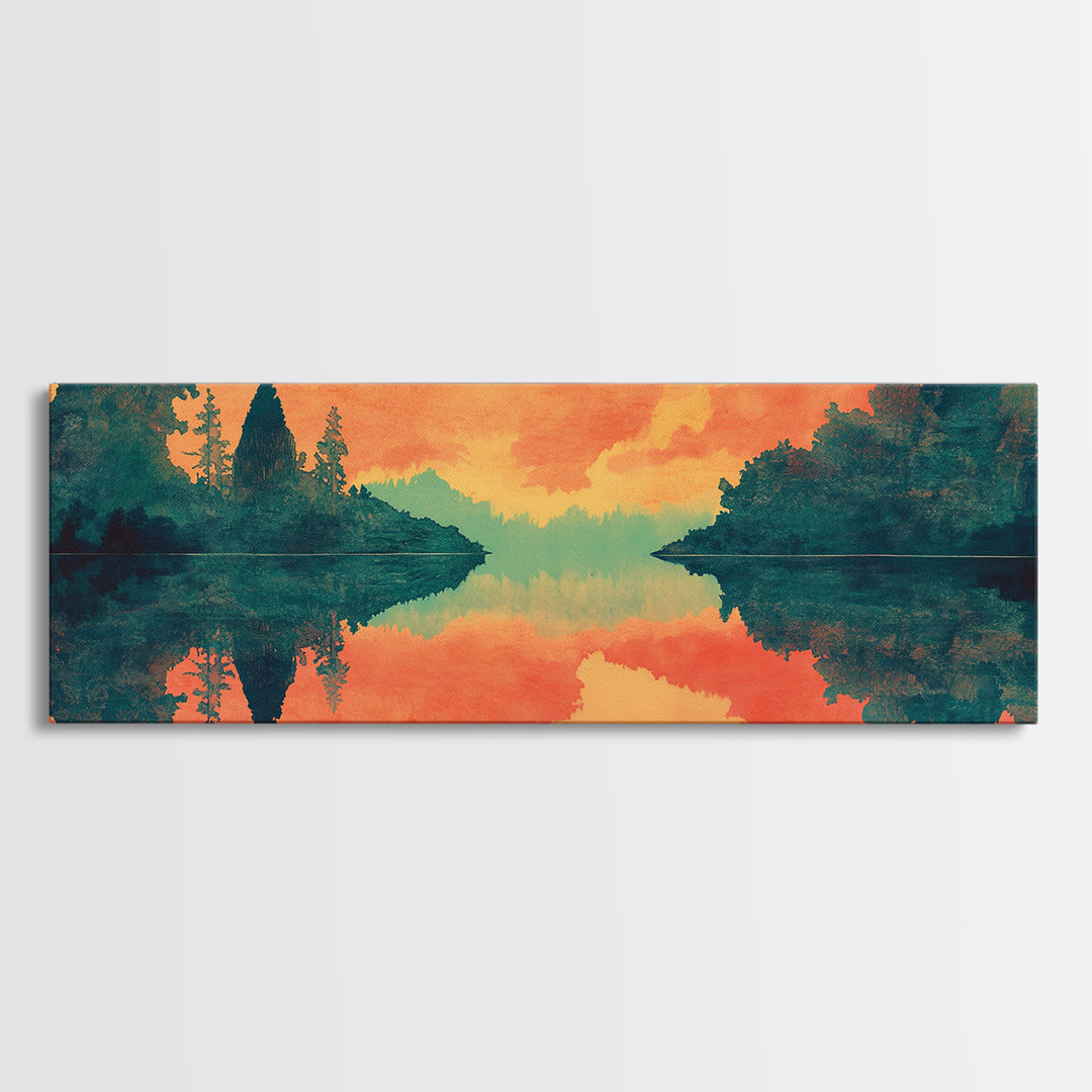 Orange Lake Reflection At Sunset Canvas Print, Forest Landscape Wall Art, Modern Nature Decor, Large Living Room Art, Home Decor