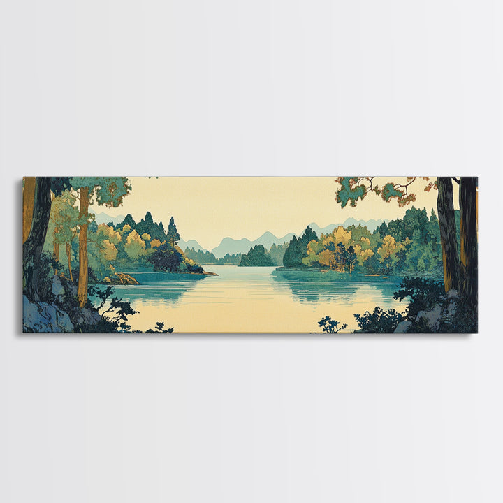 Framed Lake Through Forest Trees Wall Art, Japanese Landscape Print, Scenic Nature Decor, Blue Green Living Room Decor, Home Decor