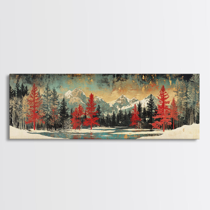 Snowy Mountain Forest With Red Pines Framed Canvas Print, Winter Landscape Wall Art, Rustic Cabin Decor For Living Room Decor