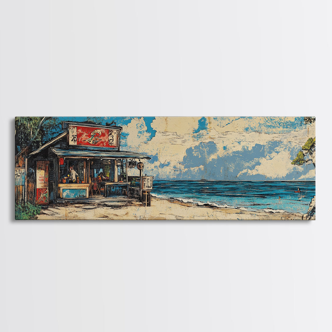 Beachfront Asian Food Shack Wall Art, Tropical Ocean Canvas Print, Coastal Kitchen Decor For Beach House Living Room Decor