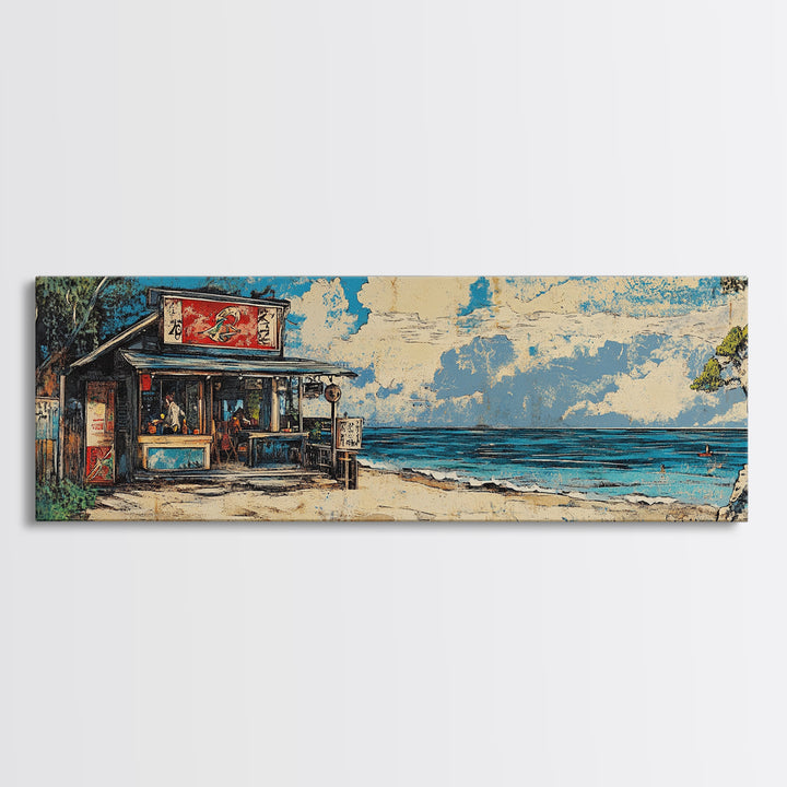 Beachfront Asian Food Shack Wall Art, Tropical Ocean Canvas Print, Coastal Kitchen Decor For Beach House Living Room Decor