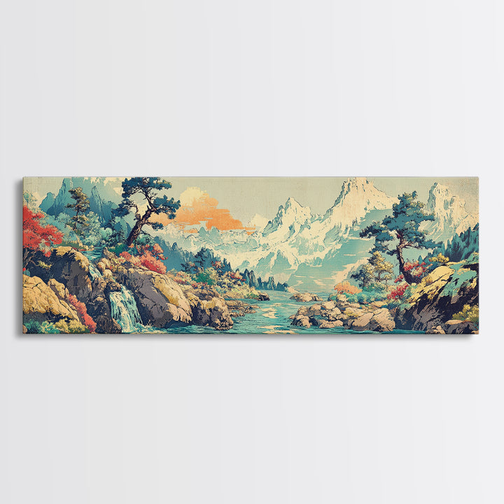 Turquoise River Waterfall And Snowy Pines Framed Canvas Print, Japanese Landscape Art, Mountain Wall Decor, Living Room Decor