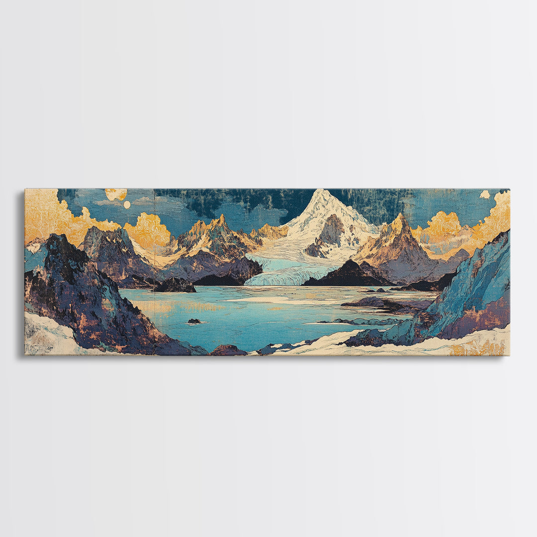 Snowy Peak And Moonlit Lake Canvas Print, Japanese Mountain Landscape, Blue Gold Wall Art, Wide Horizontal Living Room Decor