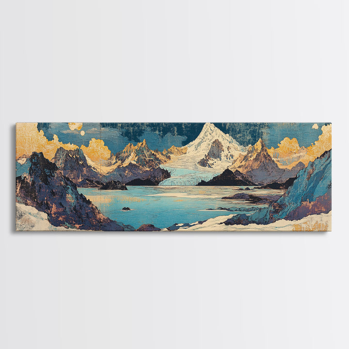 Snowy Peak And Moonlit Lake Canvas Print, Japanese Mountain Landscape, Blue Gold Wall Art, Wide Horizontal Living Room Decor