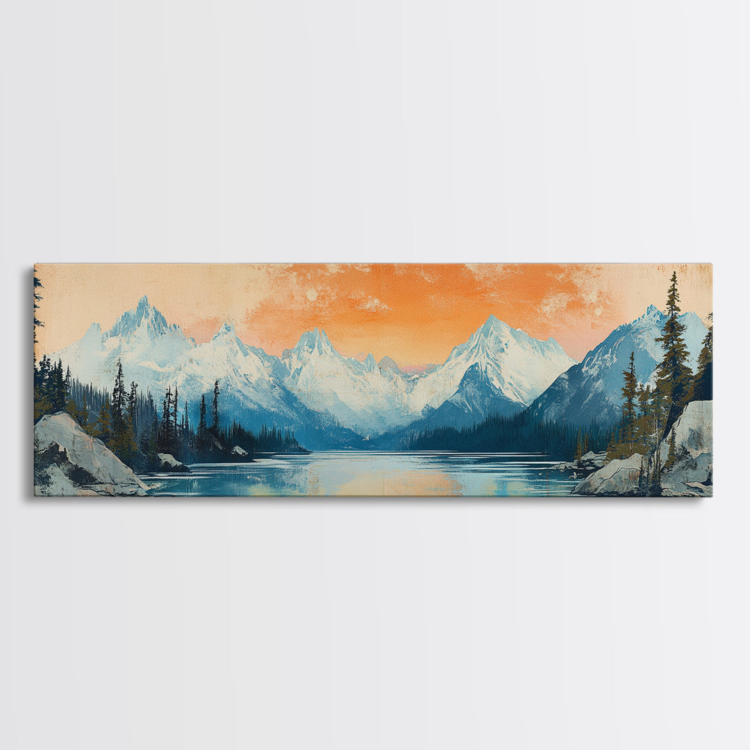 Orange Sunset Alpine Lake Wall Art, Snowy Mountain Landscape Print, Rustic Cabin Decor, Large Horizontal Canvas Home Decor