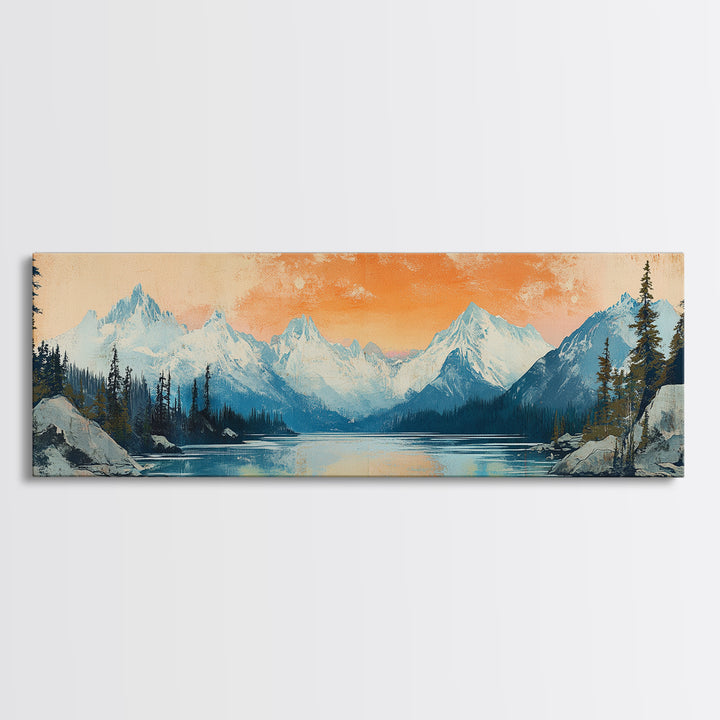 Orange Sunset Alpine Lake Wall Art, Snowy Mountain Landscape Print, Rustic Cabin Decor, Large Horizontal Canvas Home Decor