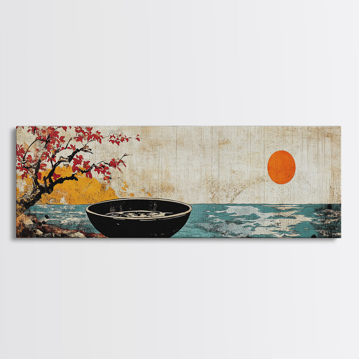 Zen Bowl By Ocean With Red Sun Framed Canvas Print, Japanese Coastal Wall Art, Cherry Blossom Decor, Meditation Room Art