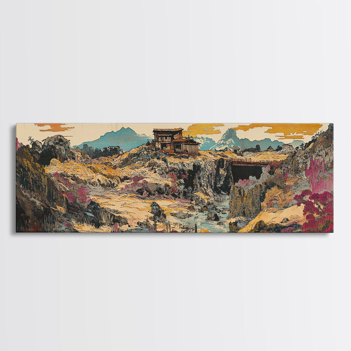 Desert Canyon Cabin And Pink Wildflowers Wall Art, Southwestern Landscape Canvas, Modern Rustic Decor, Earth Tone Home Decor