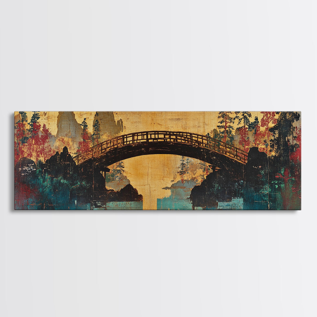 Arched Bridge Over Autumn River Canvas Print, Japanese Garden Landscape, Japandi Wall Art, Tranquil Living Room Wall Decor