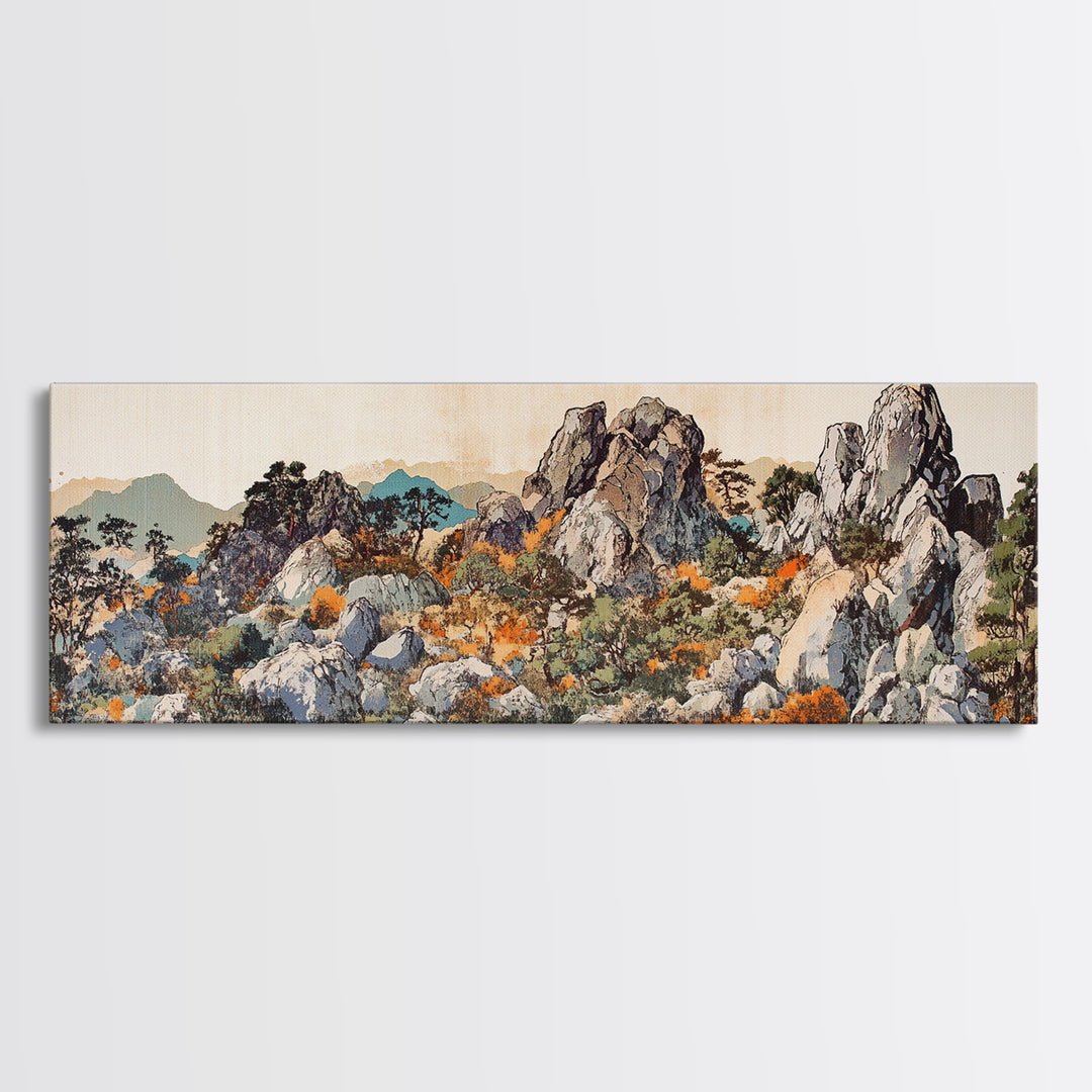 Rock Garden With Pines And Orange Moss Framed Canvas Print, Japanese Landscape Wall Art, Zen Nature Decor, Wide Wall Decor