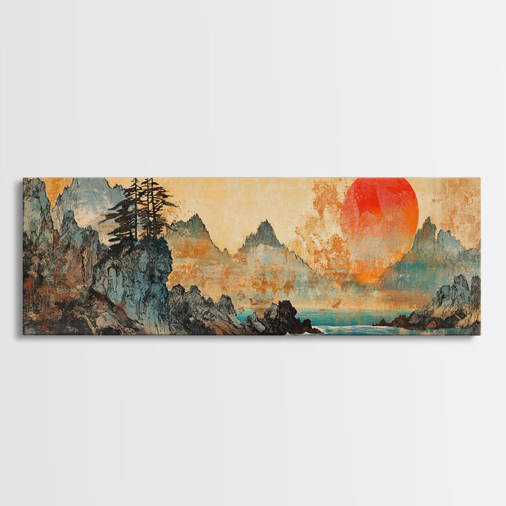 Red Sun Mountain Lake Canvas Print, Japanese Landscape Wall Art, Panoramic Coastal Decor, Large Living Room Art, Above Sofa Art