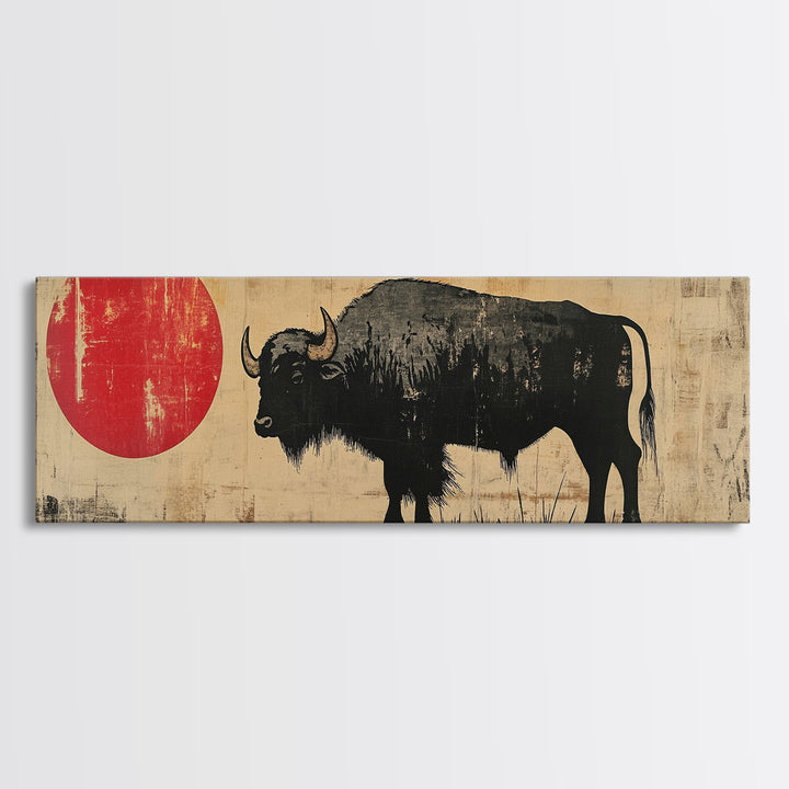 Black Bison Red Sun Framed Canvas Print, Western Wall Art, Rustic Home Decor, Large Horizontal Living Room Art, Gift For Him