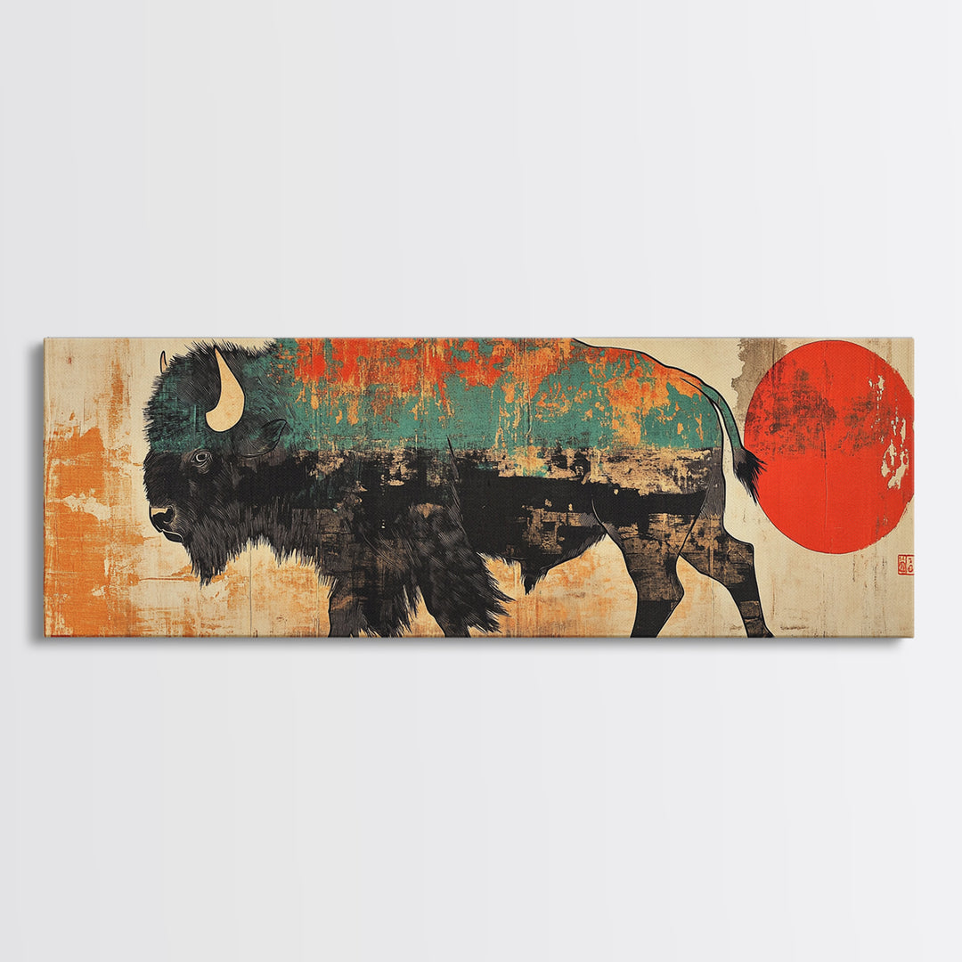 Turquoise Bison Red Sun Canvas Print, Southwestern Wall Art, Western Home Decor, Rustic Statement Living Room Art, Large Wall Decor
