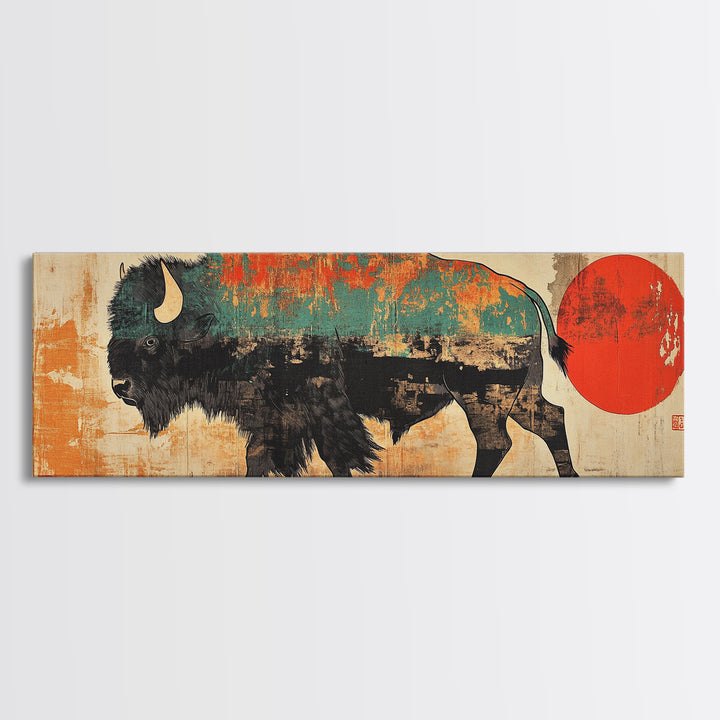 Turquoise Bison Red Sun Canvas Print, Southwestern Wall Art, Western Home Decor, Rustic Statement Living Room Art, Large Wall Decor