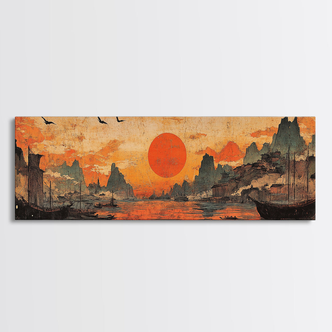 Orange Sunset Harbor Wall Art, Asian Landscape Canvas Print, Coastal Seascape Decor, Panoramic Living Room Art, Above Sofa Art