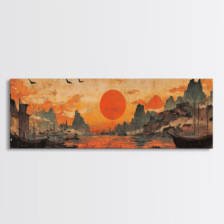 Orange Sunset Harbor Wall Art, Asian Landscape Canvas Print, Coastal Seascape Decor, Panoramic Living Room Art, Above Sofa Art