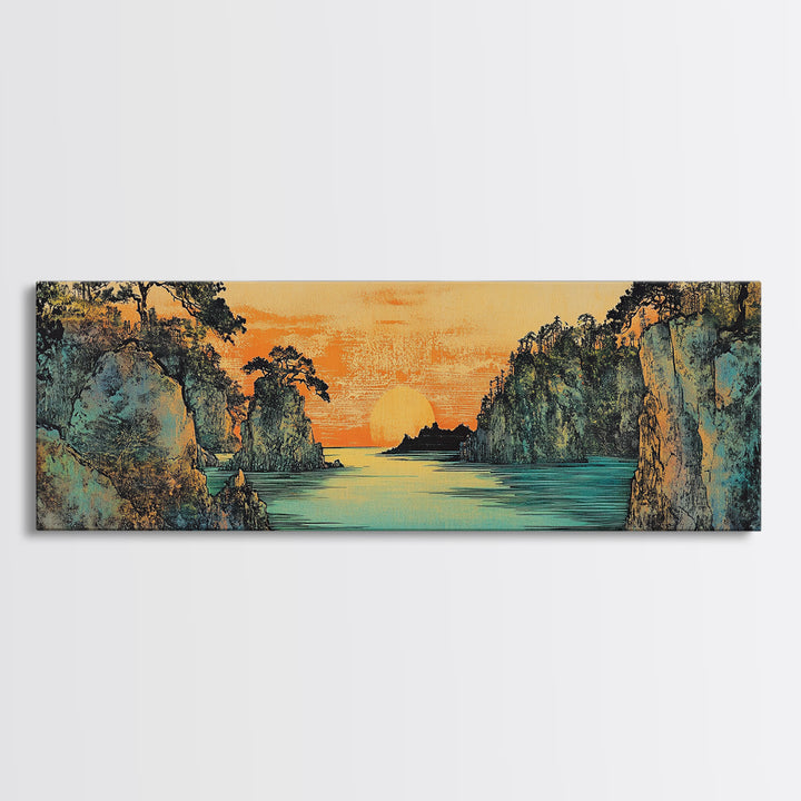 Teal River Canyon Sunset Framed Canvas Print, Coastal Landscape Wall Art, Japandi Decor, Panoramic Above Sofa Art For Living Room Decor