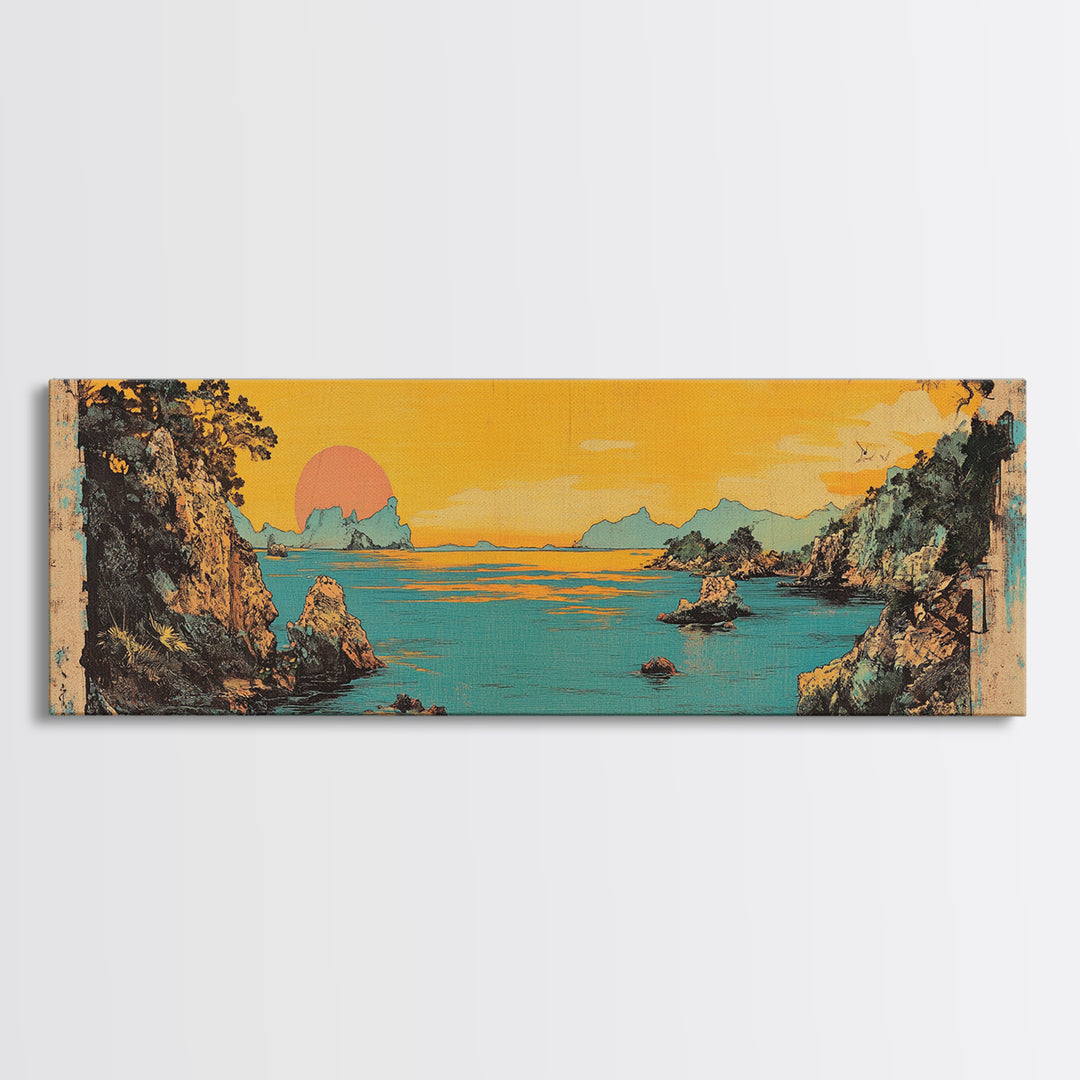 Turquoise Sea Cliff Sunset Canvas Print, Coastal Wall Art, Japanese Landscape Decor, Panoramic Beach House Wall Decor, Large Art