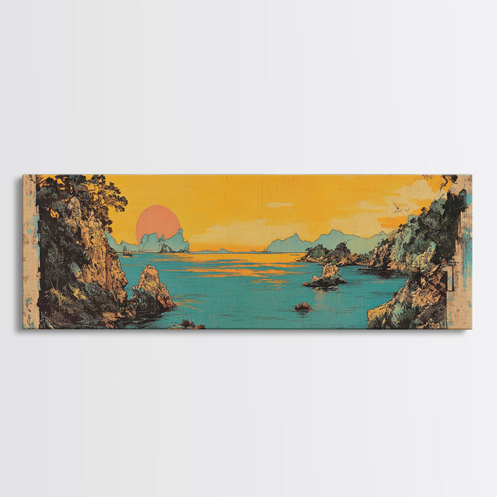 Turquoise Sea Cliff Sunset Canvas Print, Coastal Wall Art, Japanese Landscape Decor, Panoramic Beach House Wall Decor, Large Art