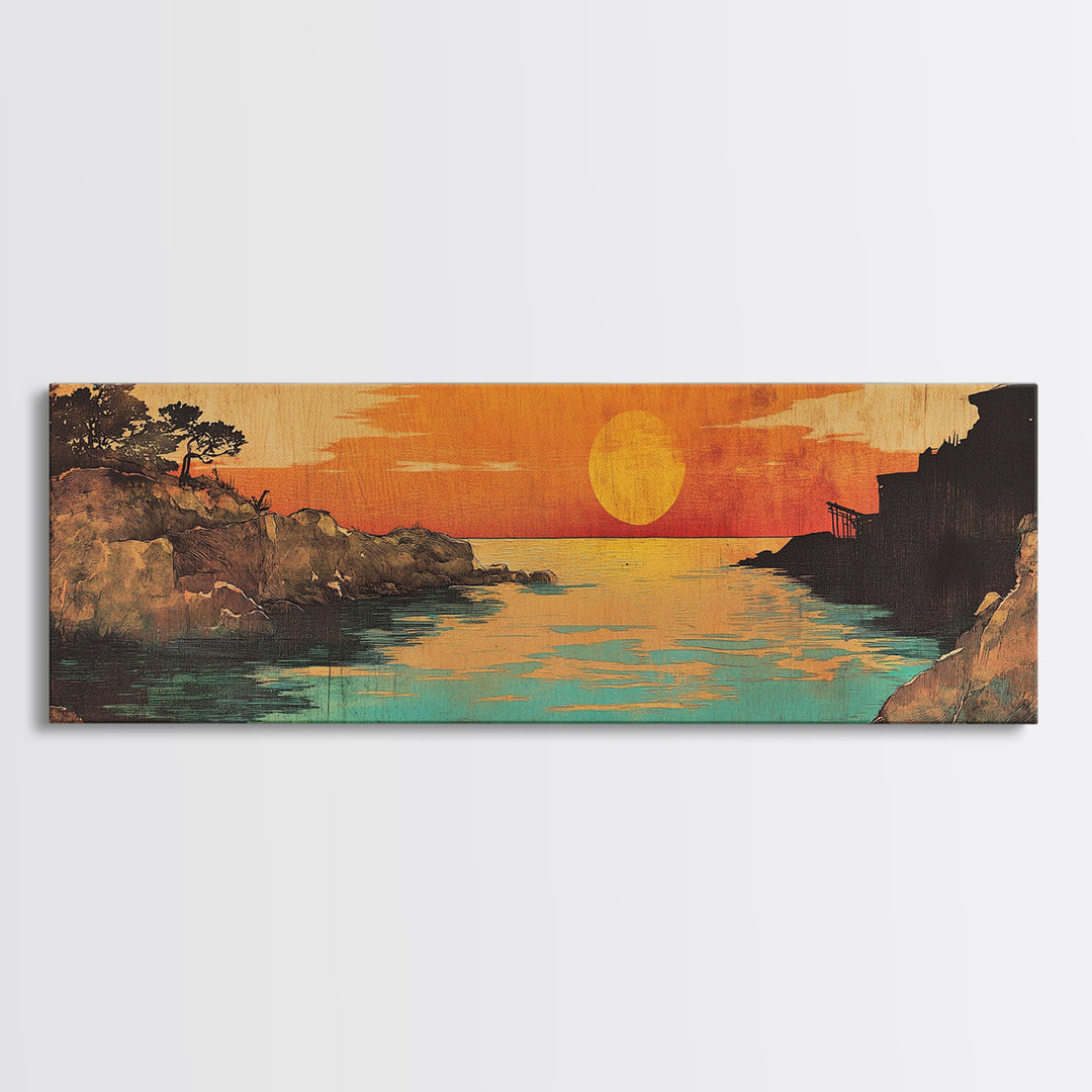 Orange Sunset River Inlet Wall Art, Japanese Coastal Canvas Print, Tranquil Landscape Decor, Above Bed Living Room Art, Large Art