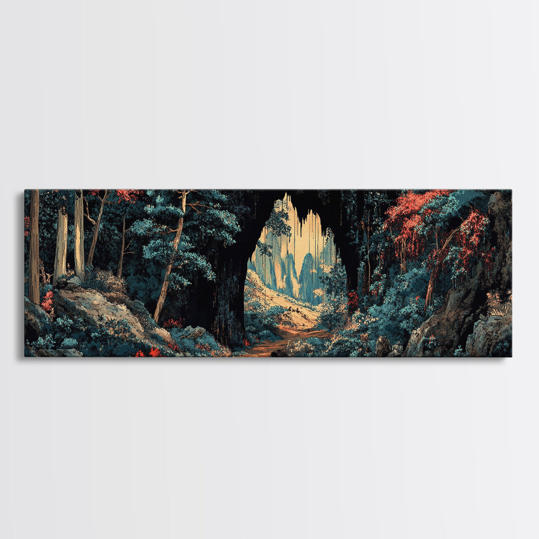 Dark Forest Cave Path Canvas Print, Moody Landscape Wall Art, Fantasy Woodland Decor, Panoramic Statement Living Room Art