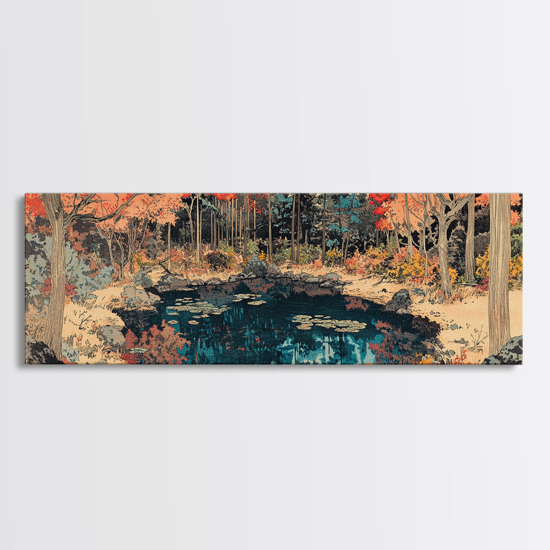 Autumn Forest Pond Reflection Wall Art, Japanese Landscape Canvas, Rustic Nature Decor, Panoramic Living Room Print For Home Decor