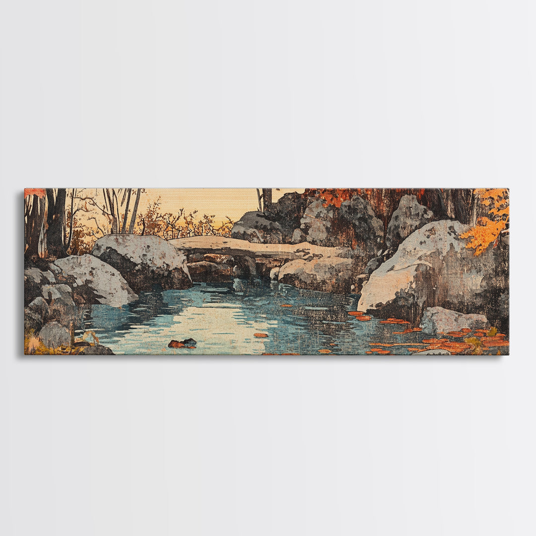 Autumn Rocky Creek Canvas Print, Japanese Landscape Painting, Rustic Nature Wall Decor, Panoramic Living Room Art, Home Decor