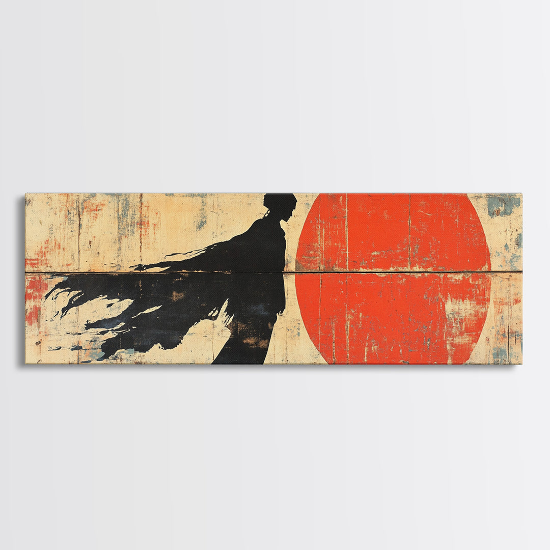 Shadow Samurai Red Sun Wall Art, Japanese Warrior Canvas, Dark Fantasy Decor, Bold Panoramic Office And Living Room Print