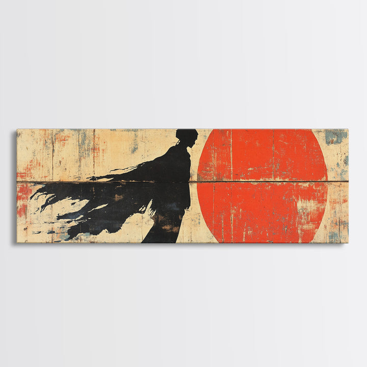 Shadow Samurai Red Sun Wall Art, Japanese Warrior Canvas, Dark Fantasy Decor, Bold Panoramic Office And Living Room Print