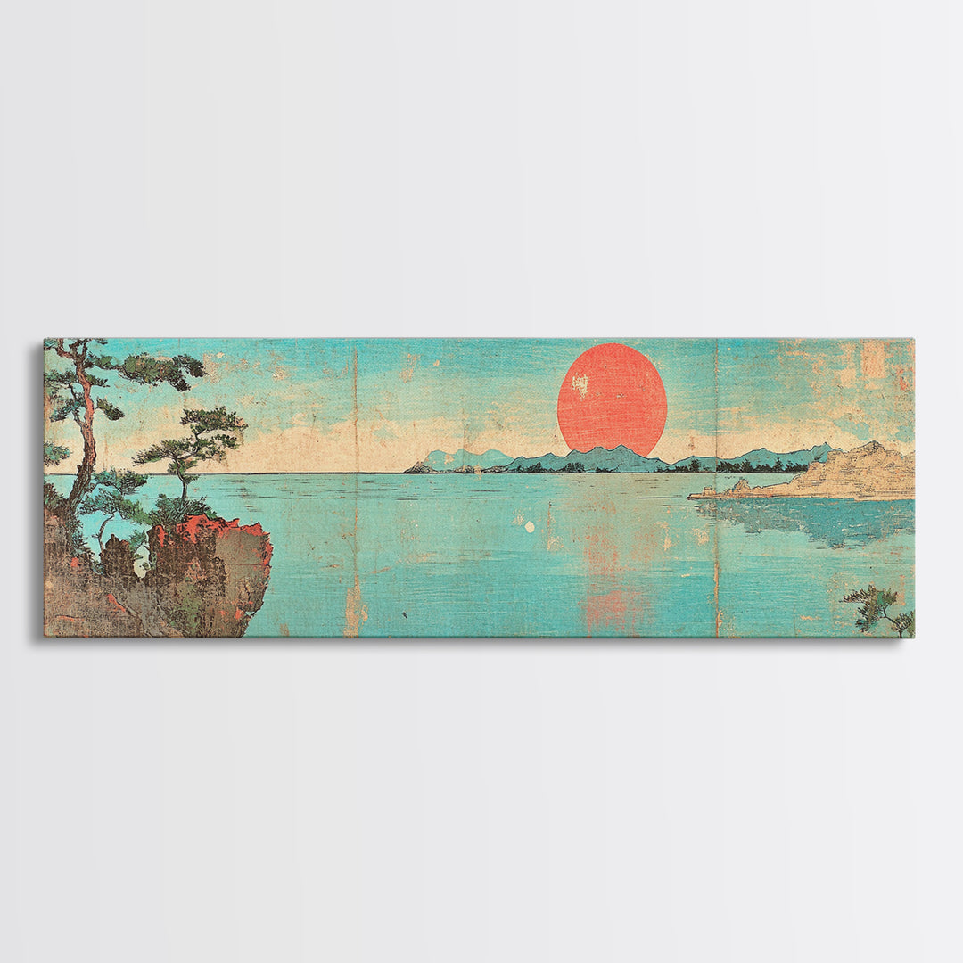 Turquoise Japanese Sea Sunset Framed Canvas Print, Coastal Landscape Wall Decor, Minimalist Panoramic Living Room Art Print