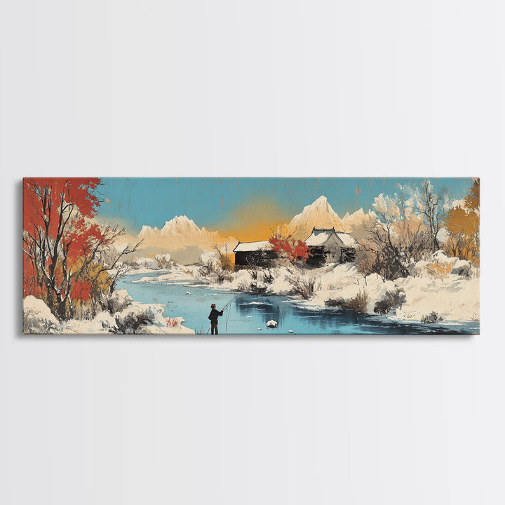 Snowy Mountain Village Wall Art, Japanese Winter Landscape Canvas, Serene Nature Decor, Panoramic Living Room Art Print For Home Decor